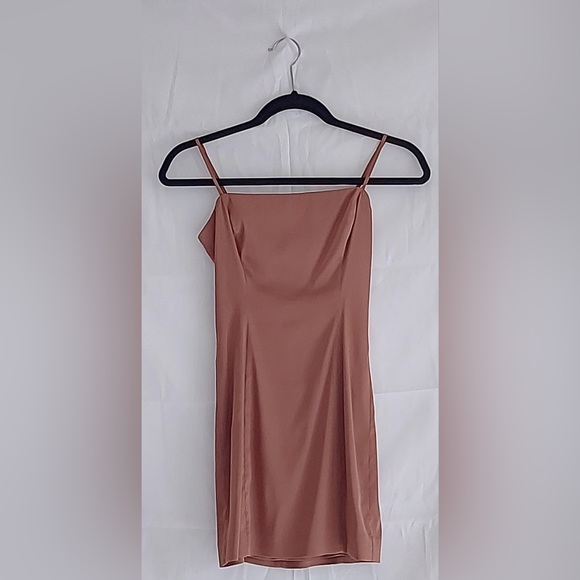 Aritzia Sunday Best Cognac Brown Satin Shimmer Mini Slip Dress - Picture 3 of 5